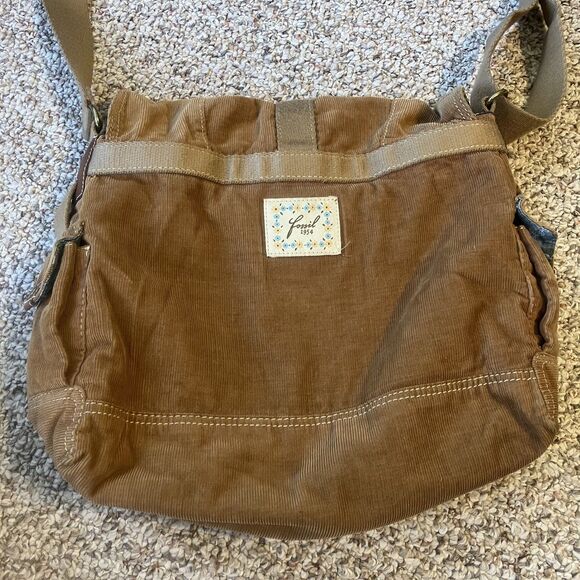 Fossil Brown Corduroy Crossbody Messenger Handbag Adjustable Strap Y2K Purse - Picture 3 of 15